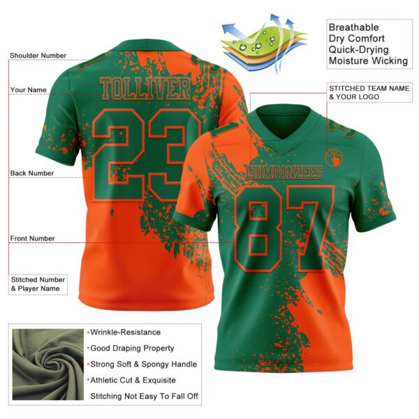 Custom Kelly Green Orange 3D Pattern Abstract Brush Stroke Authentic Football Jersey