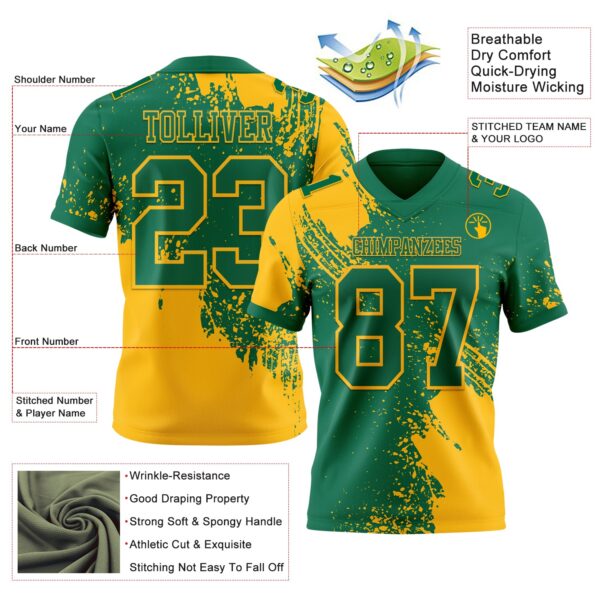 Custom Kelly Green Gold 3D Pattern Abstract Brush Stroke Authentic Football Jersey