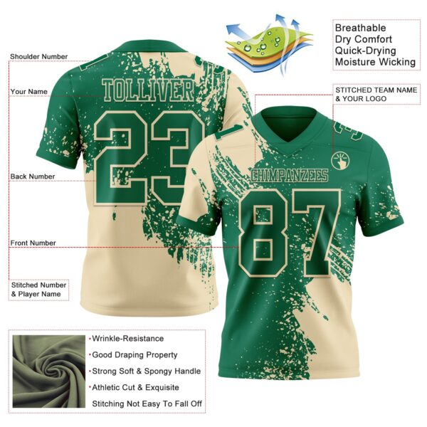 Custom Kelly Green Cream 3D Pattern Abstract Brush Stroke Authentic Football Jersey