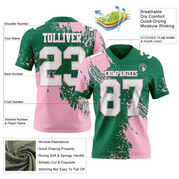 Custom Kelly Green White-Light Pink 3D Pattern Abstract Brush Stroke Authentic Football Jersey