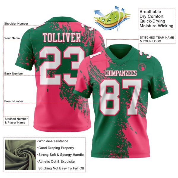 Custom Kelly Green White-Neon Pink 3D Pattern Abstract Brush Stroke Authentic Football Jersey