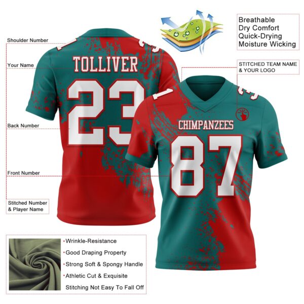 Custom Teal White-Red 3D Pattern Abstract Brush Stroke Authentic Football Jersey