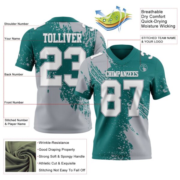 Custom Teal White-Gray 3D Pattern Abstract Brush Stroke Authentic Football Jersey