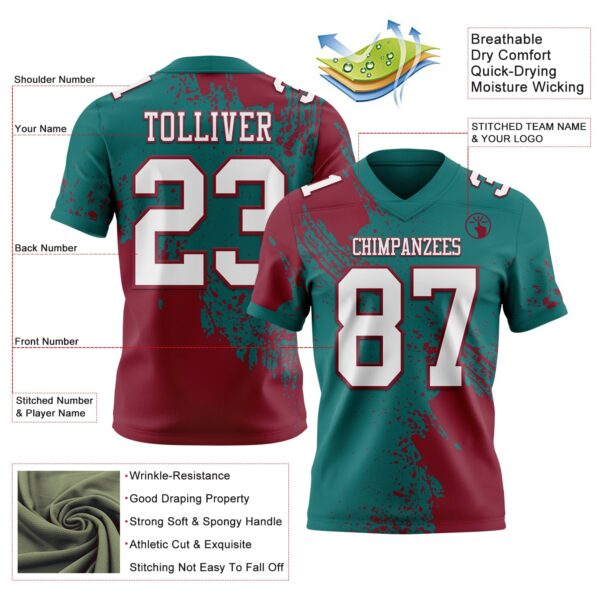 Custom Teal White-Crimson 3D Pattern Abstract Brush Stroke Authentic Football Jersey