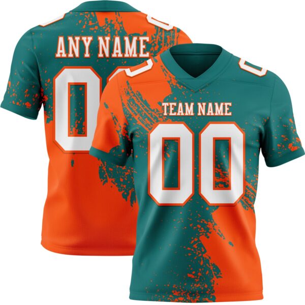 Custom Teal White-Orange 3D Pattern Abstract Brush Stroke Authentic Football Jersey