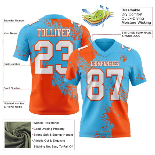 Custom Sky Blue White-Orange 3D Pattern Abstract Brush Stroke Authentic Football Jersey