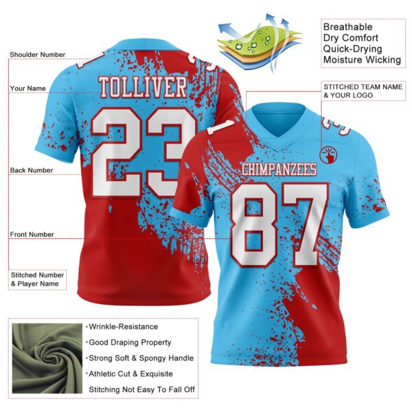 Custom Sky Blue White-Red 3D Pattern Abstract Brush Stroke Authentic Football Jersey