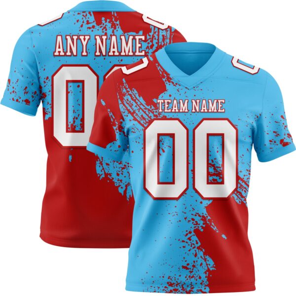 Custom Sky Blue White-Red 3D Pattern Abstract Brush Stroke Authentic Football Jersey