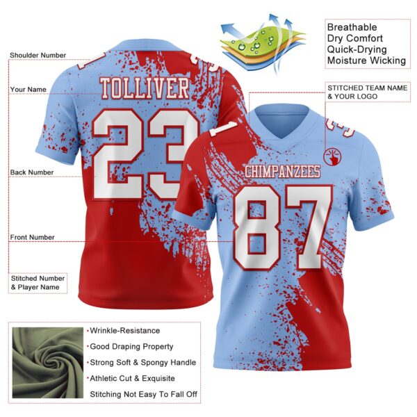 Custom Light Blue White-Red 3D Pattern Abstract Brush Stroke Authentic Football Jersey