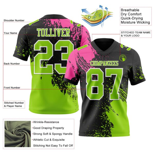 Custom Black Neon Green-Pink 3D Pattern Abstract Brush Stroke Authentic Football Jersey