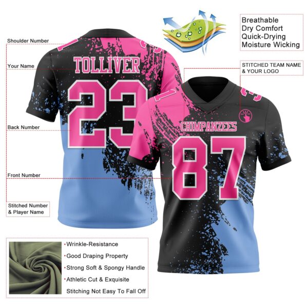 Custom Black Pink Light Blue-White 3D Pattern Abstract Brush Stroke Authentic Football Jersey