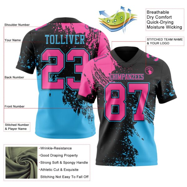 3DPattern8816-1 Custom Black Pink-Sky Blue 3D Pattern Abstract Brush Stroke Authentic Football Jersey