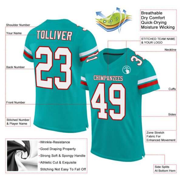 Aqua0064-1 Custom Aqua White-Red Mesh Authentic Football Jersey