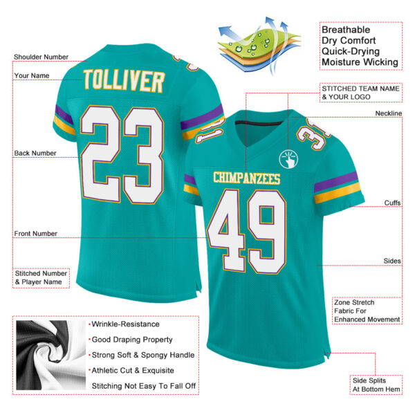 Aqua0068-1 Custom Aqua White-Purple Mesh Authentic Football Jersey