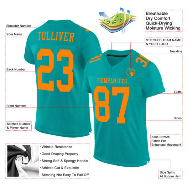 Aqua0145-1 Custom Aqua Bay Orange Mesh Authentic Football Jersey
