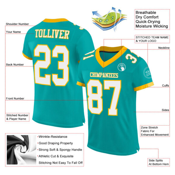 Aqua0178-1 Custom Aqua White-Gold Mesh Authentic Football Jersey