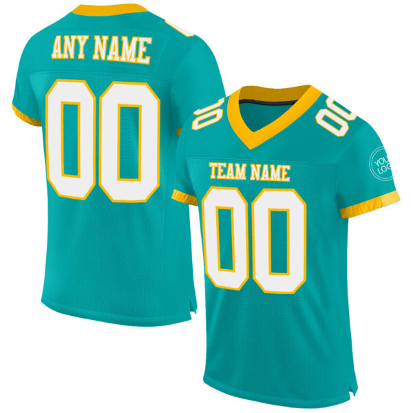 Aqua0178 Custom Aqua White-Gold Mesh Authentic Football Jersey