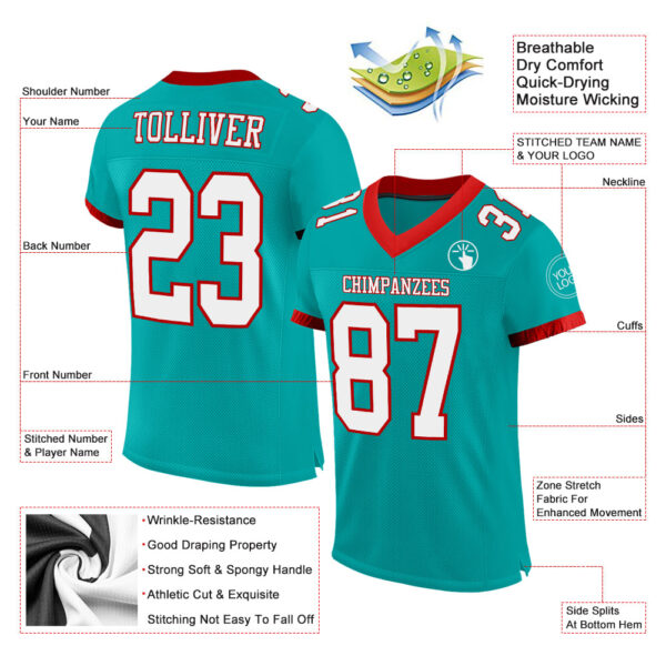 Aqua0180-1 Custom Aqua White-Red Mesh Authentic Football Jersey