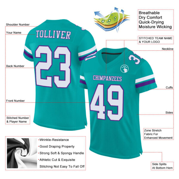 Aqua0187-1 Custom Aqua White-Purple Mesh Authentic Football Jersey