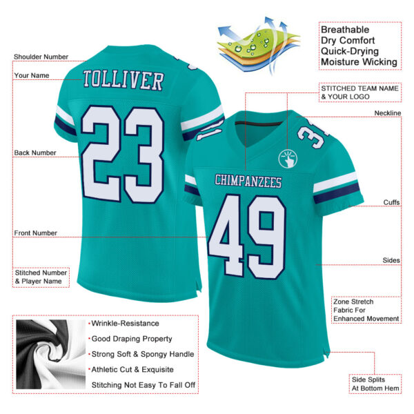 Aqua0189-1 Custom Aqua White-Navy Mesh Authentic Football Jersey