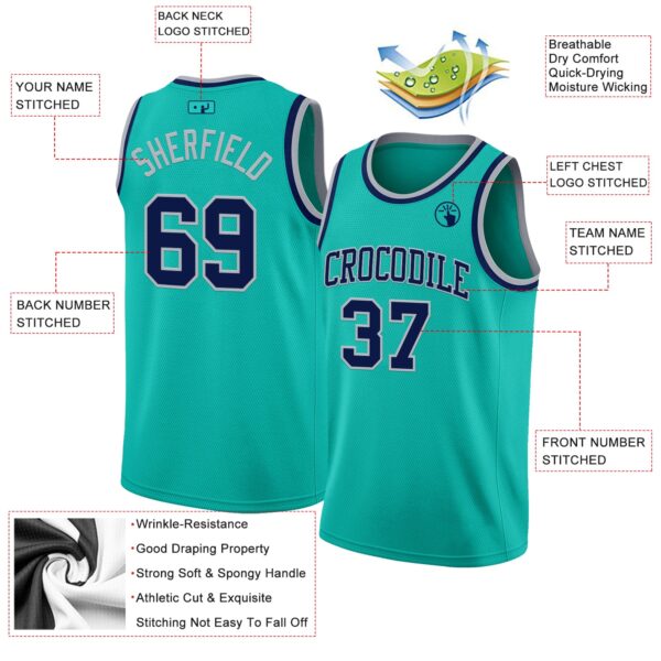 Custom Aqua Navy-Gray Authentic Basketball Jersey