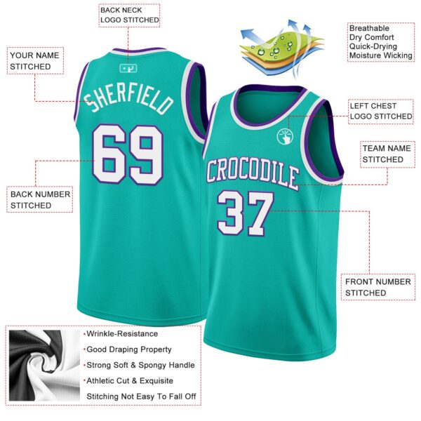 Custom Aqua White-Purple Authentic Basketball Jersey
