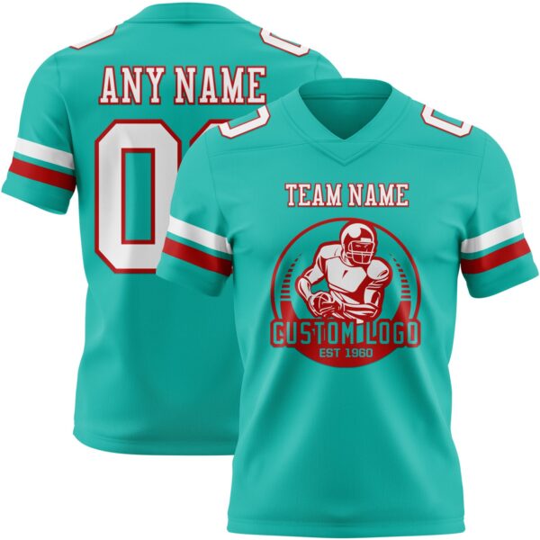 Custom Aqua White-Red Authentic Football Jersey