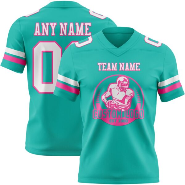Custom Aqua White-Pink Authentic Football Jersey