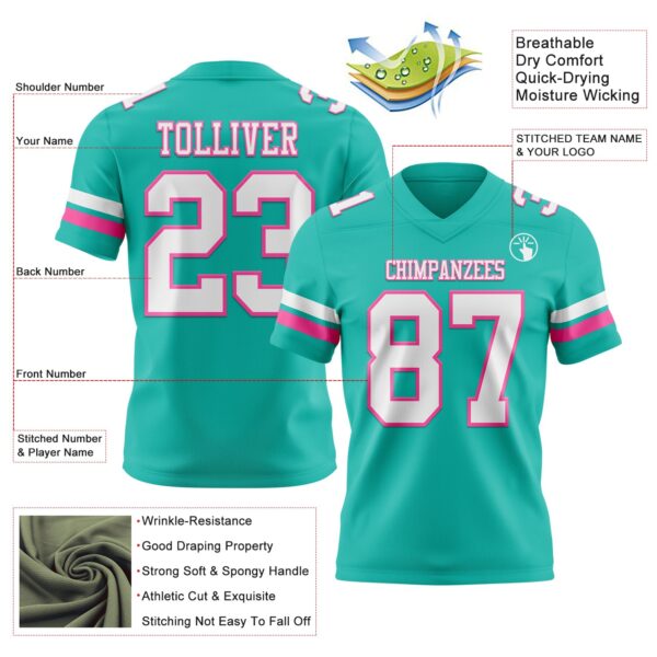 Custom Aqua White-Pink Authentic Football Jersey
