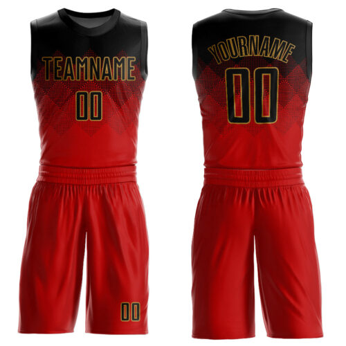BSuit0003 Custom Red Black-Old Gold Round Neck Sublimation Basketball Suit Jersey