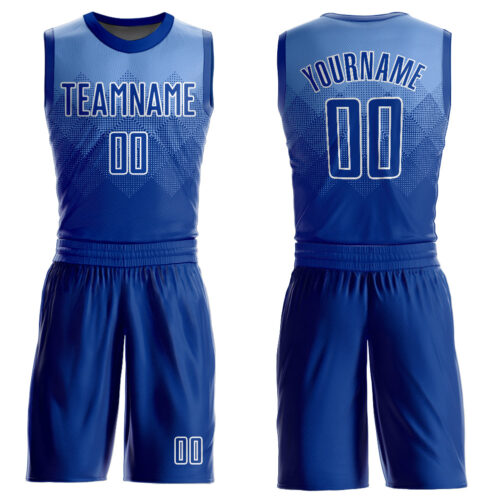 BSuit0017 Custom Light Blue Royal-White Round Neck Sublimation Basketball Suit Jersey