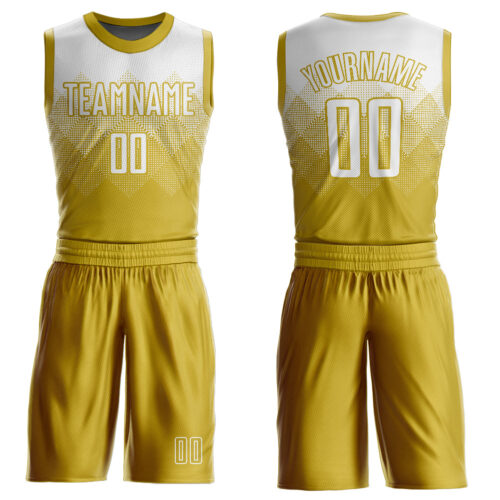 BSuit0018 Custom Old Gold White Round Neck Sublimation Basketball Suit Jersey