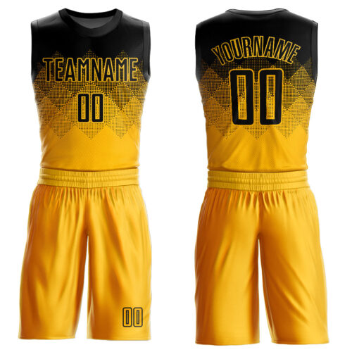 BSuit0019 Custom Yellow Black Round Neck Sublimation Basketball Suit Jersey