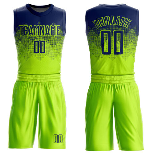 BSuit0024 Custom Neon Green Navy Round Neck Sublimation Basketball Suit Jersey