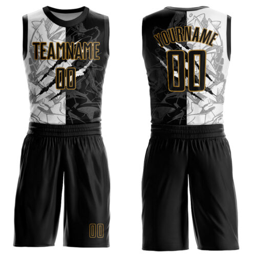 BSuit0028 Custom Graffiti Pattern Black-Old Gold Scratch Round Neck Sublimation Basketball Suit Jersey