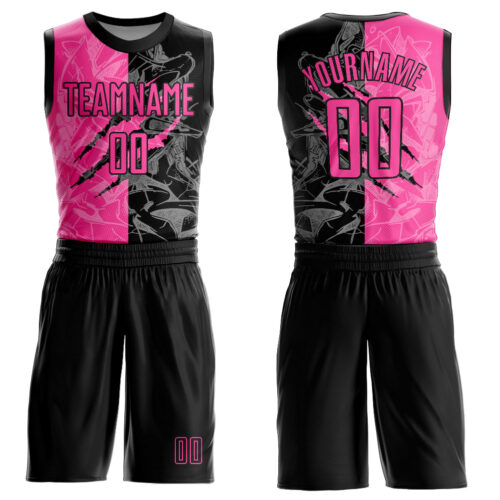 BSuit0029 Custom Graffiti Pattern Pink-Black Scratch Round Neck Sublimation Basketball Suit Jersey