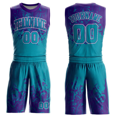 BSuit0031 Custom Teal Purple-White Round Neck Sublimation Basketball Suit Jersey