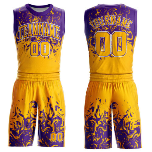 BSuit0035 Custom Gold White-Purple Round Neck Sublimation Basketball Suit Jersey