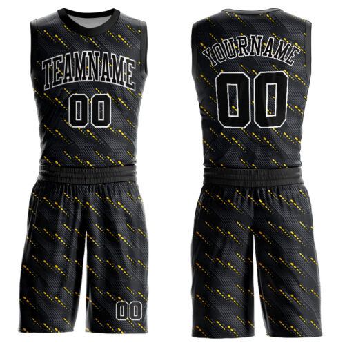 BSuit0042 Custom Black Gold-White Round Neck Sublimation Basketball Suit Jersey
