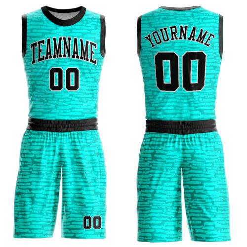 BSuit0045 Custom Aqua Black-White Round Neck Sublimation Basketball Suit Jersey