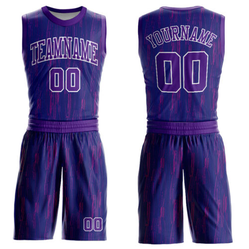 BSuit0047 Custom Purple White Round Neck Sublimation Basketball Suit Jersey
