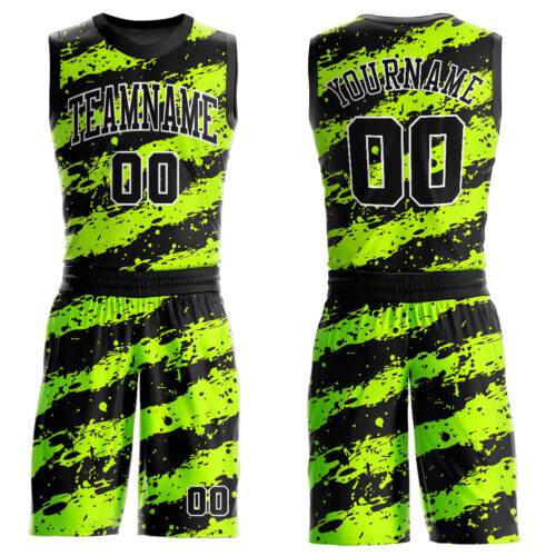 BSuit0054 Custom Neon Green Black-White Round Neck Sublimation Basketball Suit Jersey