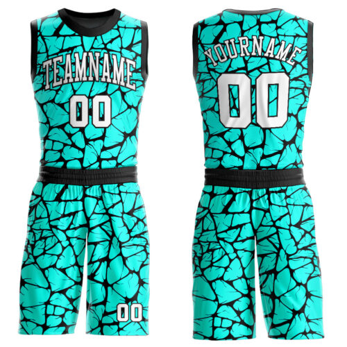 BSuit0058 Custom Aqua White-Black Round Neck Sublimation Basketball Suit Jersey