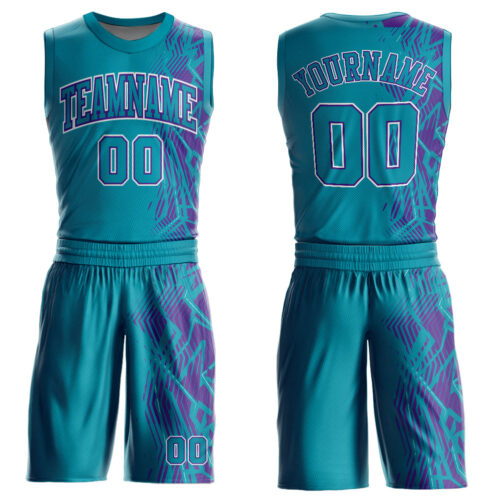 BSuit0064 Custom Teal Purple-White Round Neck Sublimation Basketball Suit Jersey
