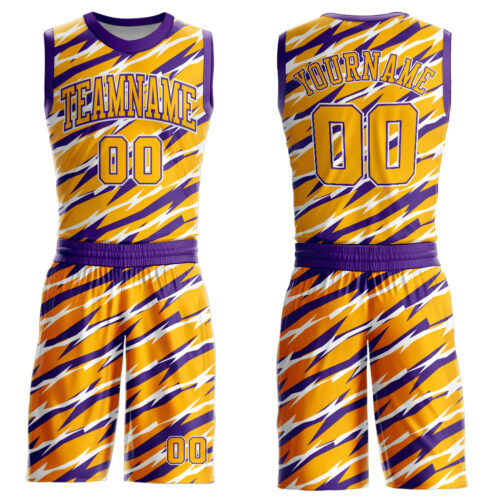 BSuit0066 Custom Gold Purple-White Round Neck Sublimation Basketball Suit Jersey