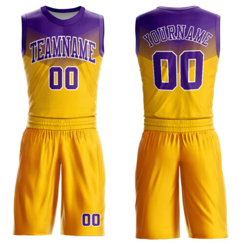 BSuit0069 Custom Gold Purple-White Round Neck Sublimation Basketball Suit Jersey
