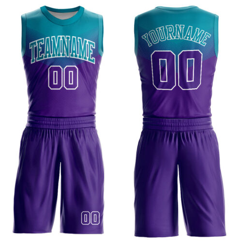 BSuit0072 Custom Purple Teal-White Round Neck Sublimation Basketball Suit Jersey