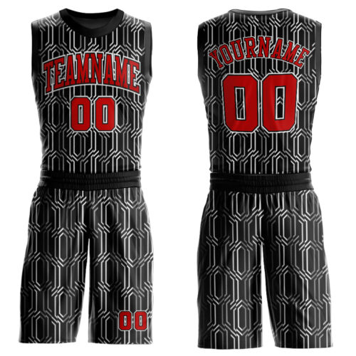 BSuit0074 Custom Black Red-White Round Neck Sublimation Basketball Suit Jersey