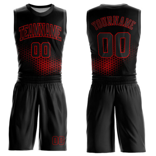 BSuit0076 Custom Black Red Round Neck Sublimation Basketball Suit Jersey