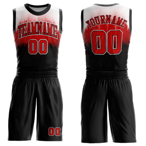 BSuit0084 Custom Black Red-White Round Neck Sublimation Basketball Suit Jersey